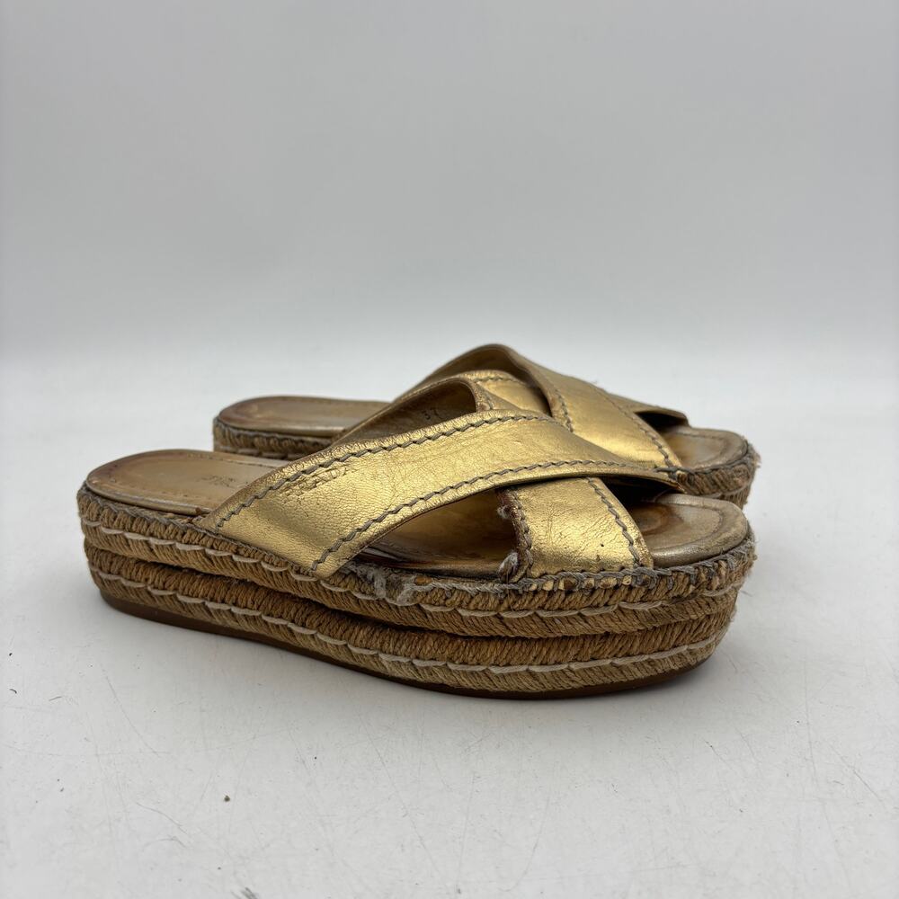 Prada Gold Leather Espadrille Sandals Women's 37 US 7 Platform Slides